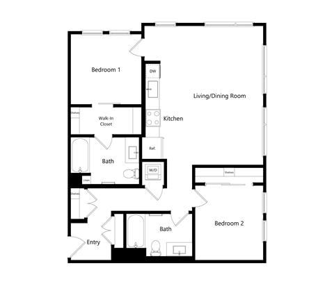 Floor plan for 2 beds, 2 baths, 1021 sqft
